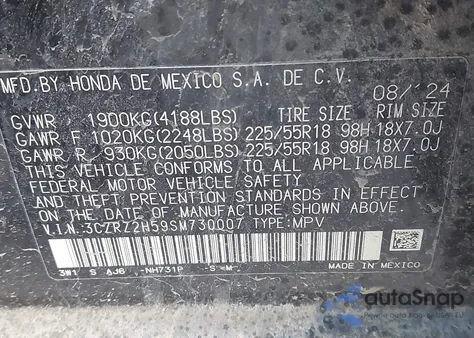 2025 Honda Hr-V Awd Sport z USA, uszkodzony, nr VIN 3CZRZ2H59SM730007